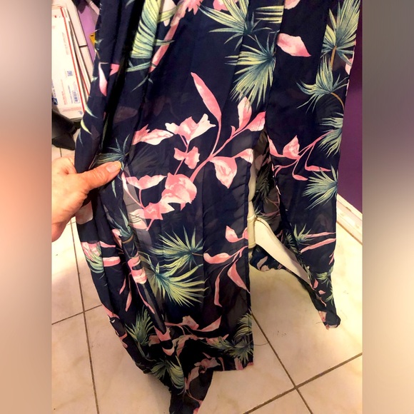 Blue Pink & Green Tropical Print, Faux Wrap, Long Sleeve, Maxi Dress - Picture 9 of 16